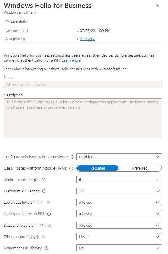 Enable Windows Hello - Intune